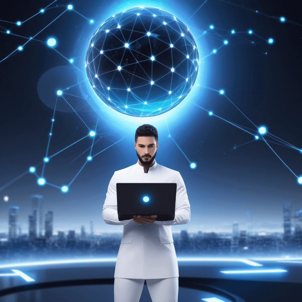 Man in futuristic setting using laptop, connected to glowing digital globe with network lines above. Man in futuristic setting using laptop, connected to glowing digital globe with network lines above.
