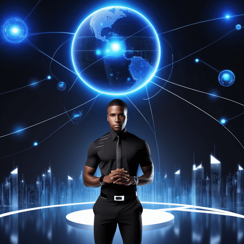 Man standing confidently against a digital cityscape with a glowing globe and network connections in the background. Man standing confidently against a digital cityscape with a glowing globe and network connections in the background.